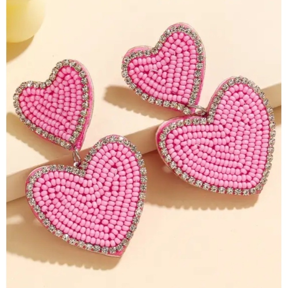 Pink Beaded Double Heart Drop Earrings Rhinestone Trim Valentine Statement